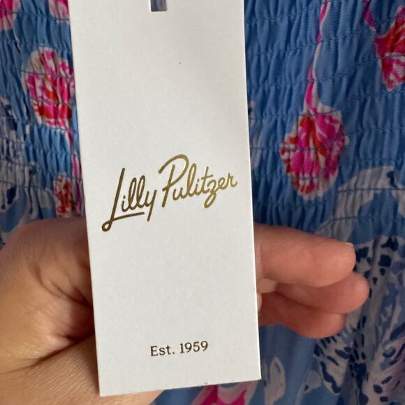 New Lilly Pulitzer Kailua Smocked Maxi Dress Blue Floral Smocked Tie Strap Sz XL - Picture 9 of 11